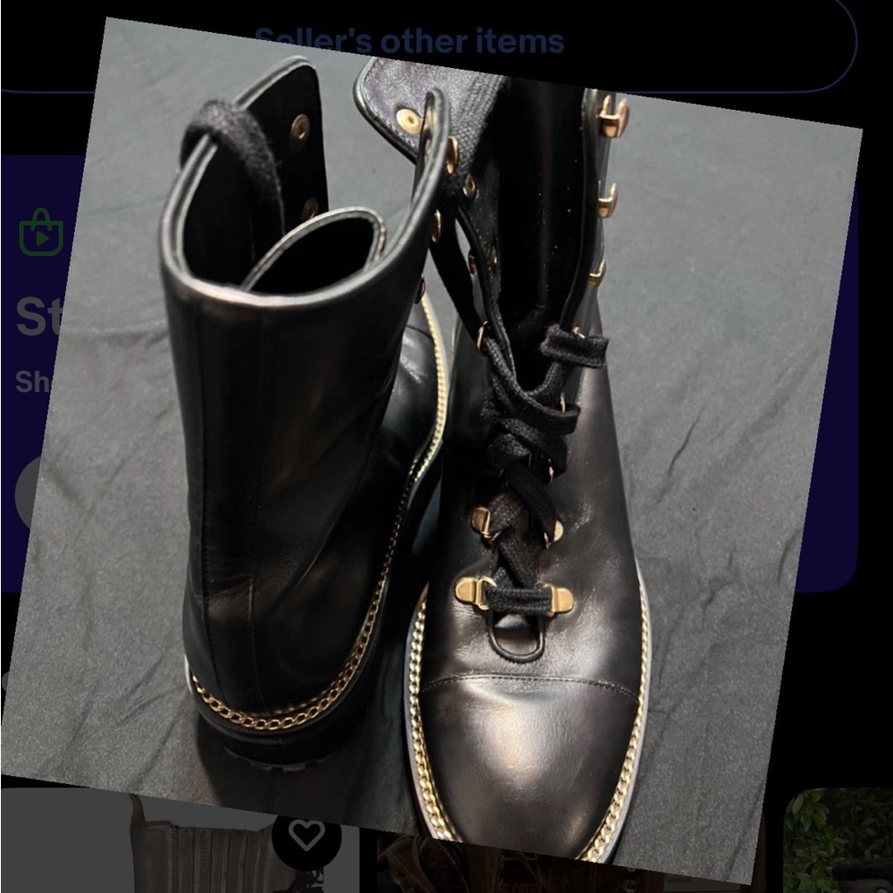Stuart Weitzman Black Leather Combat Boots with Chain Detail